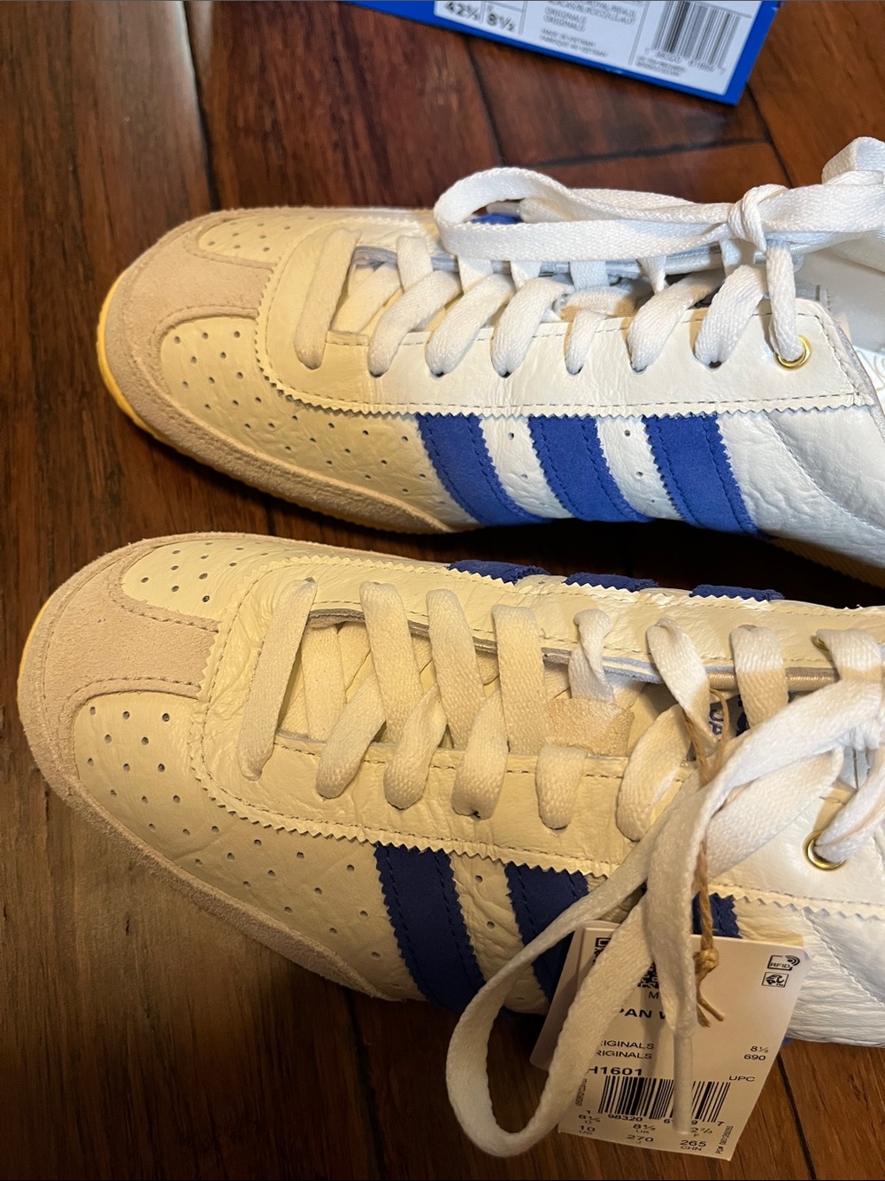 adidas womens japan White Leather Sneakers with Blue Stripes and Yellow Gum Sole - Picture 13 of 14